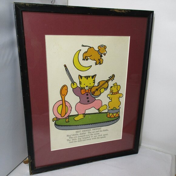 Vintage Framed Child's Nursery Rhyme Picture Print The Cat & the Fiddle - Picture 2 of 6